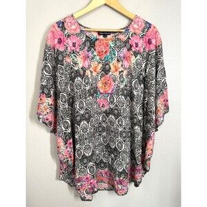 Tolani Collection Printed Woven Caftan Tunic Top Black Pink Floral Size L‎ Modal